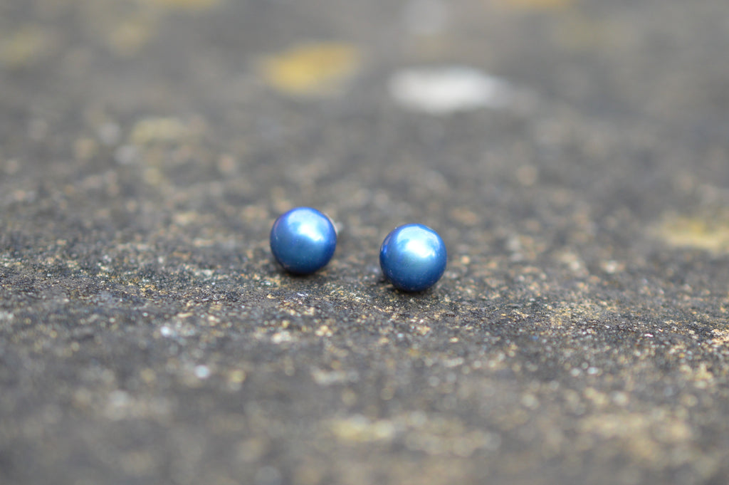 7-8 mm AAA Blue Fresh Water Pearl Stud Earrings on Sterling Silver