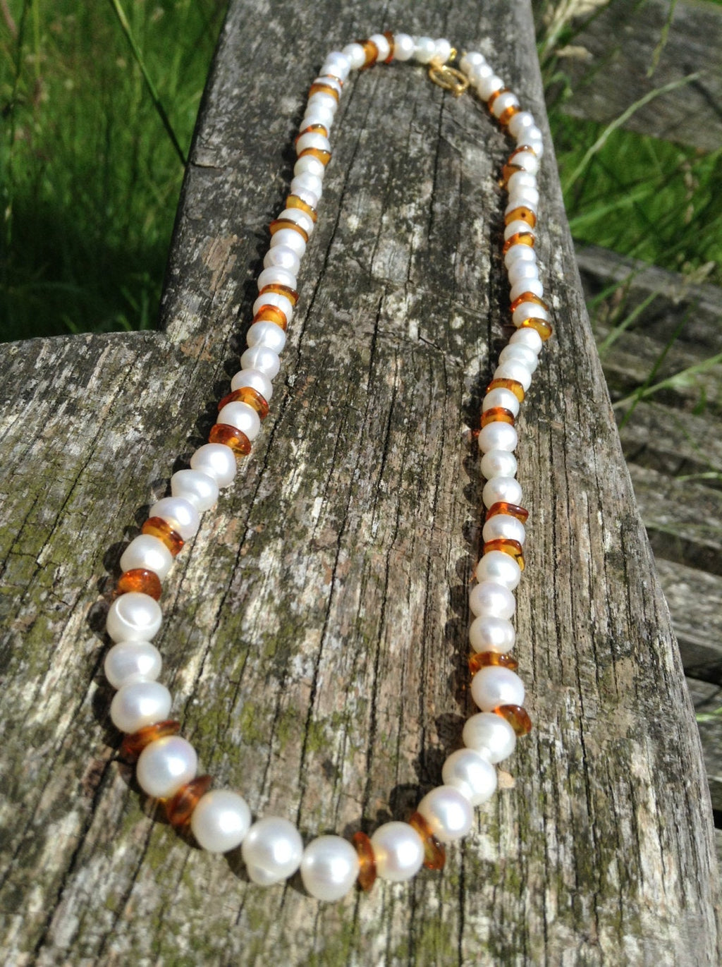 Amber and Freshwater Pearl Necklace with choice of Toggle Clasps