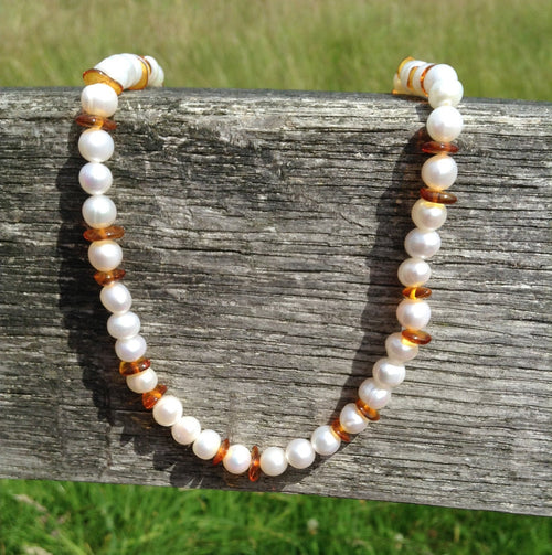 Amber and Freshwater Pearl Necklace with choice of Toggle Clasps