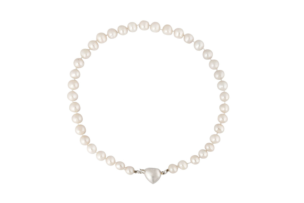 Large White Freshwater Pearl Necklace and Heart Sterling Silver Clasp