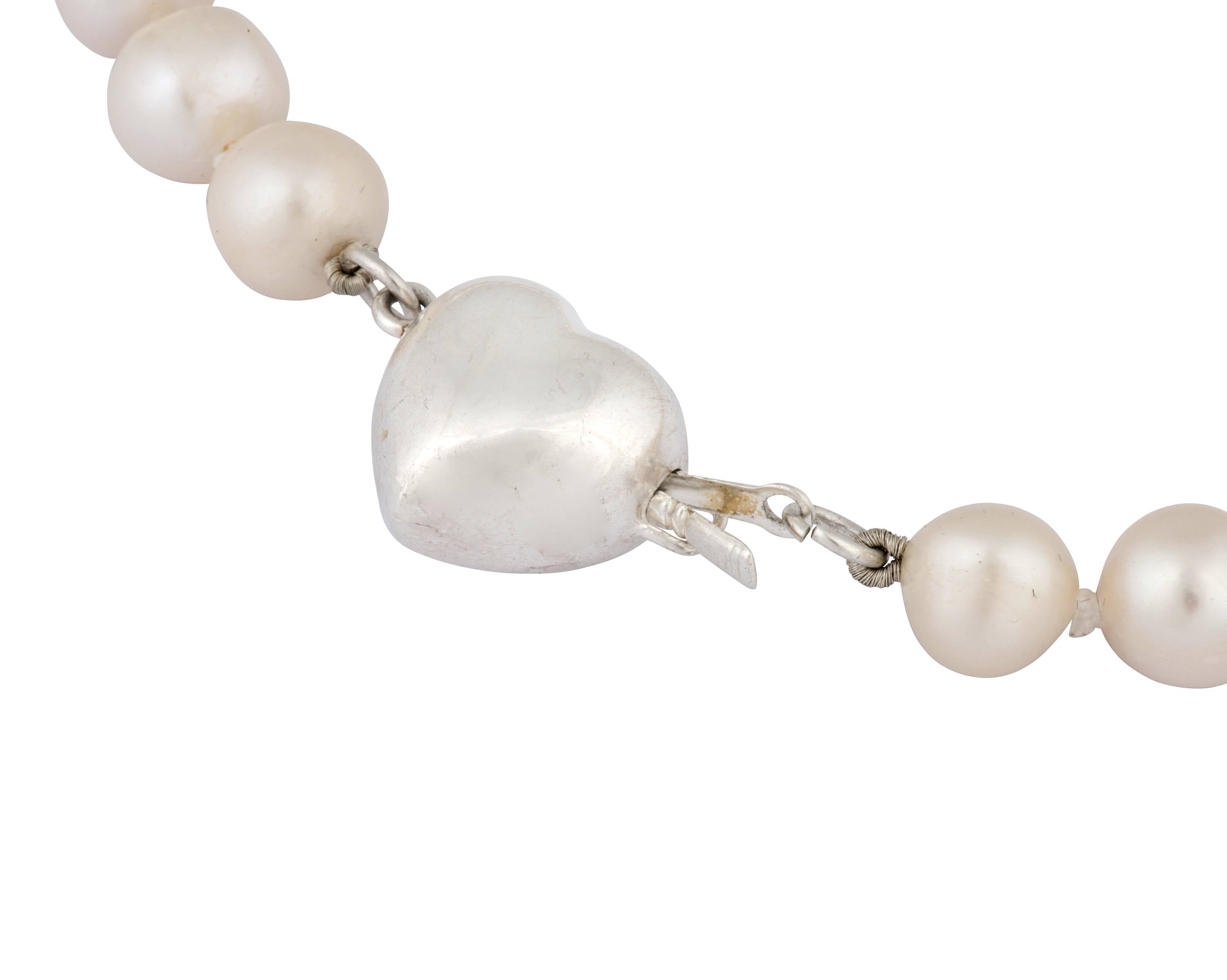Large White Freshwater Pearl Necklace and Heart Sterling Silver Clasp