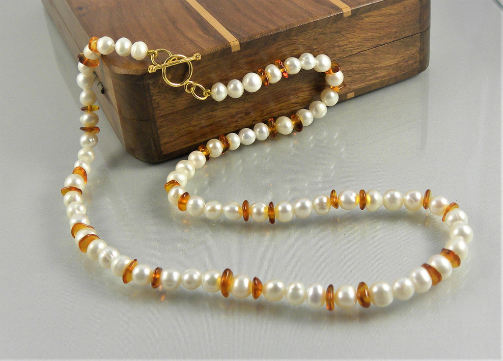 Amber and Freshwater Pearl Necklace with choice of Toggle Clasps