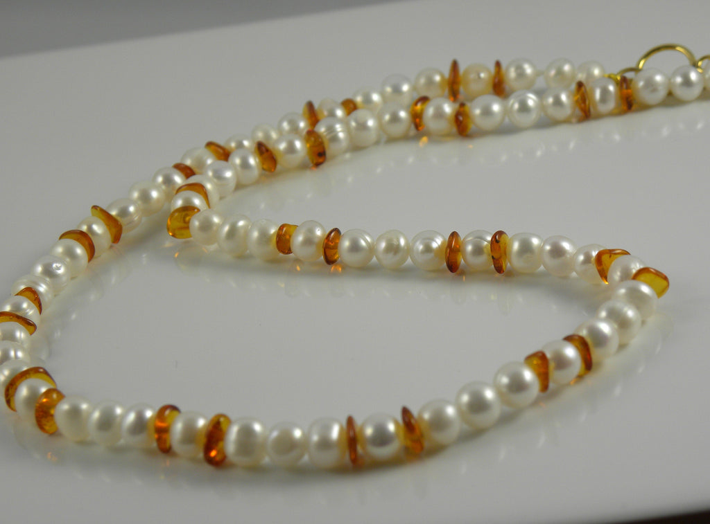 Amber and Freshwater Pearl Necklace with choice of Toggle Clasps