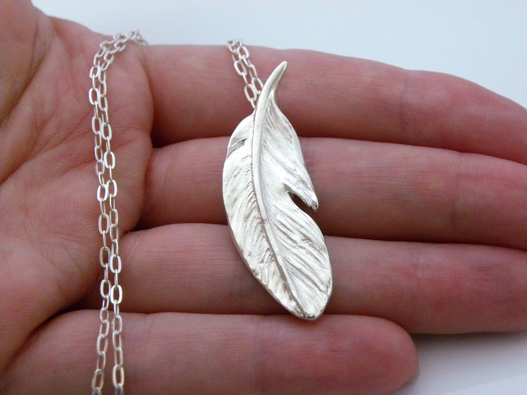 Fine Silver Feather Necklace, Handmade Eco Silver Pendant, Hallmarked Jewelry