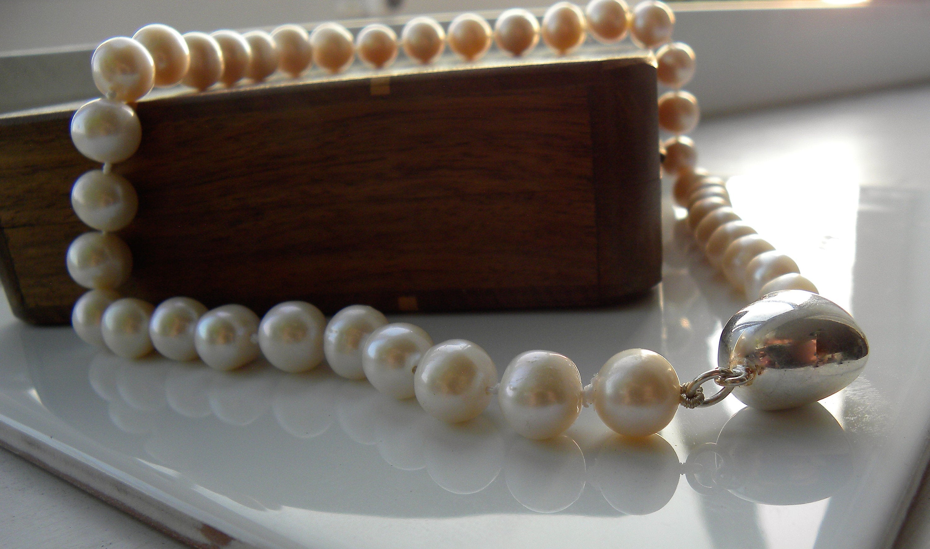Large White Freshwater Pearl Necklace and Heart Sterling Silver Clasp