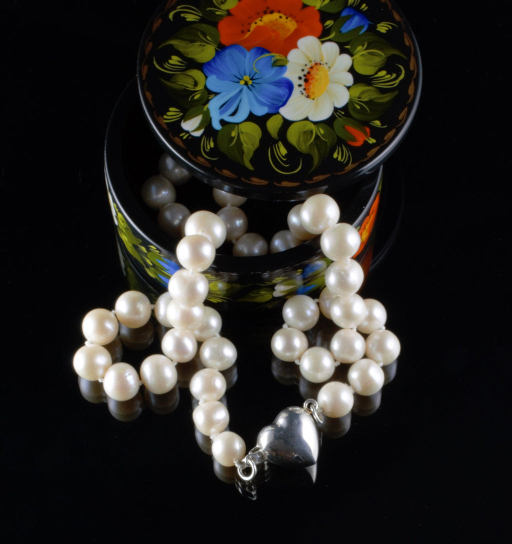 Large White Freshwater Pearl Necklace and Heart Sterling Silver Clasp
