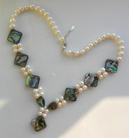 Freshwater Pearls and Abalone shell necklace with adjustable length sterling silver clasp
