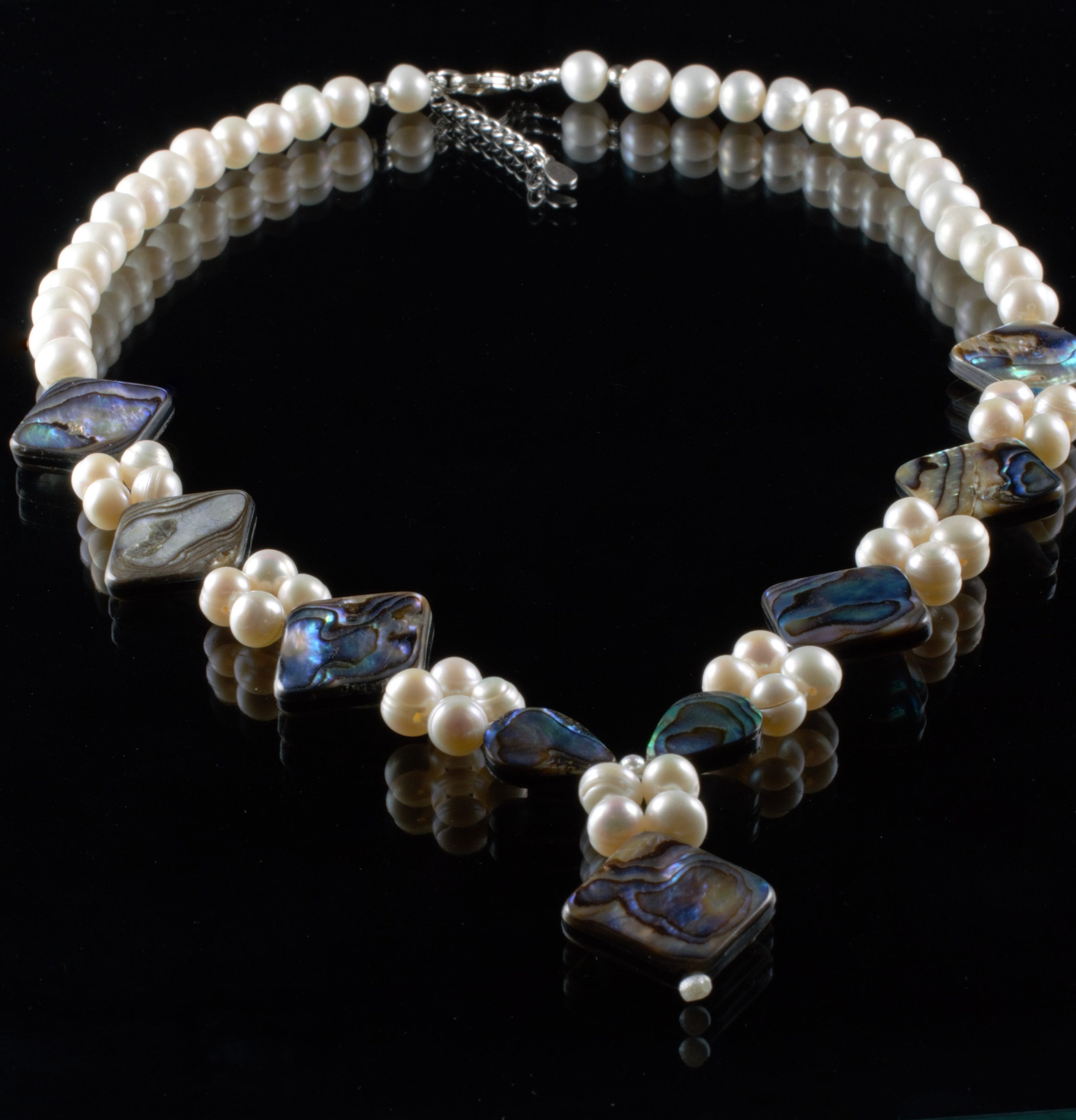 Freshwater Pearls and Abalone shell necklace with adjustable length sterling silver clasp
