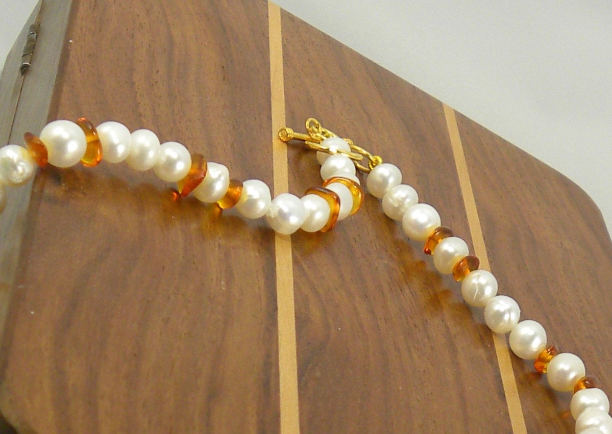 Amber and Freshwater Pearl Necklace with choice of Toggle Clasps
