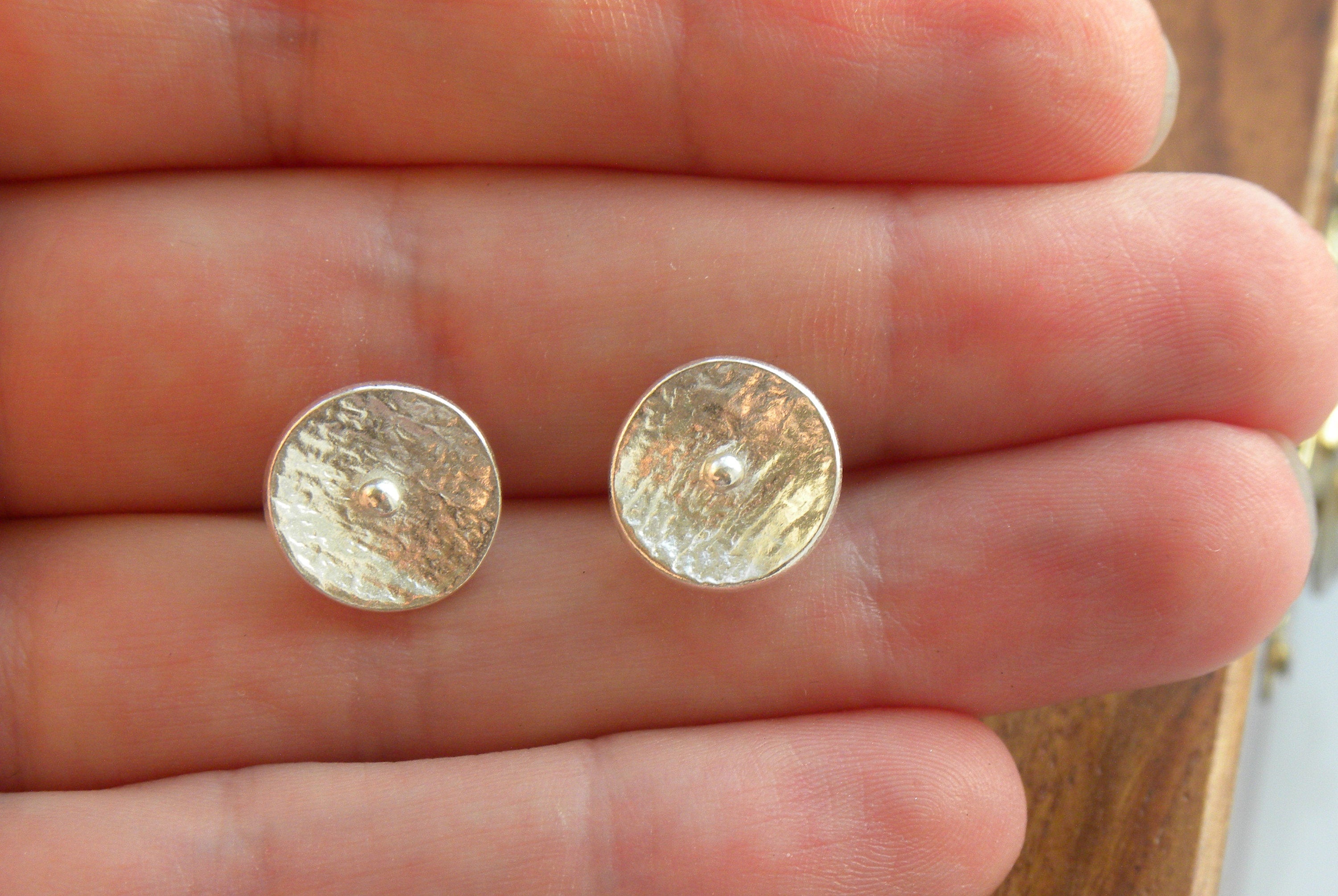 Fine Silver Round Stud Earrings, Textured Eco Friendly Pure Silver