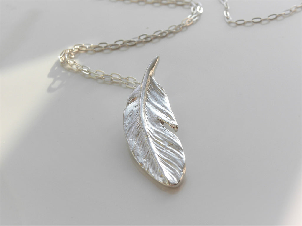 Fine Silver Feather Necklace, Handmade Eco Silver Pendant, Hallmarked Jewelry