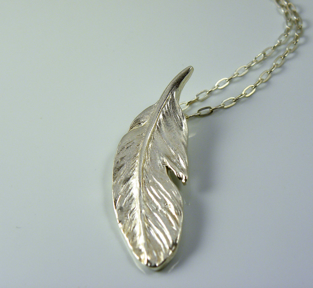 Fine Silver Feather Necklace, Handmade Eco Silver Pendant, Hallmarked Jewelry