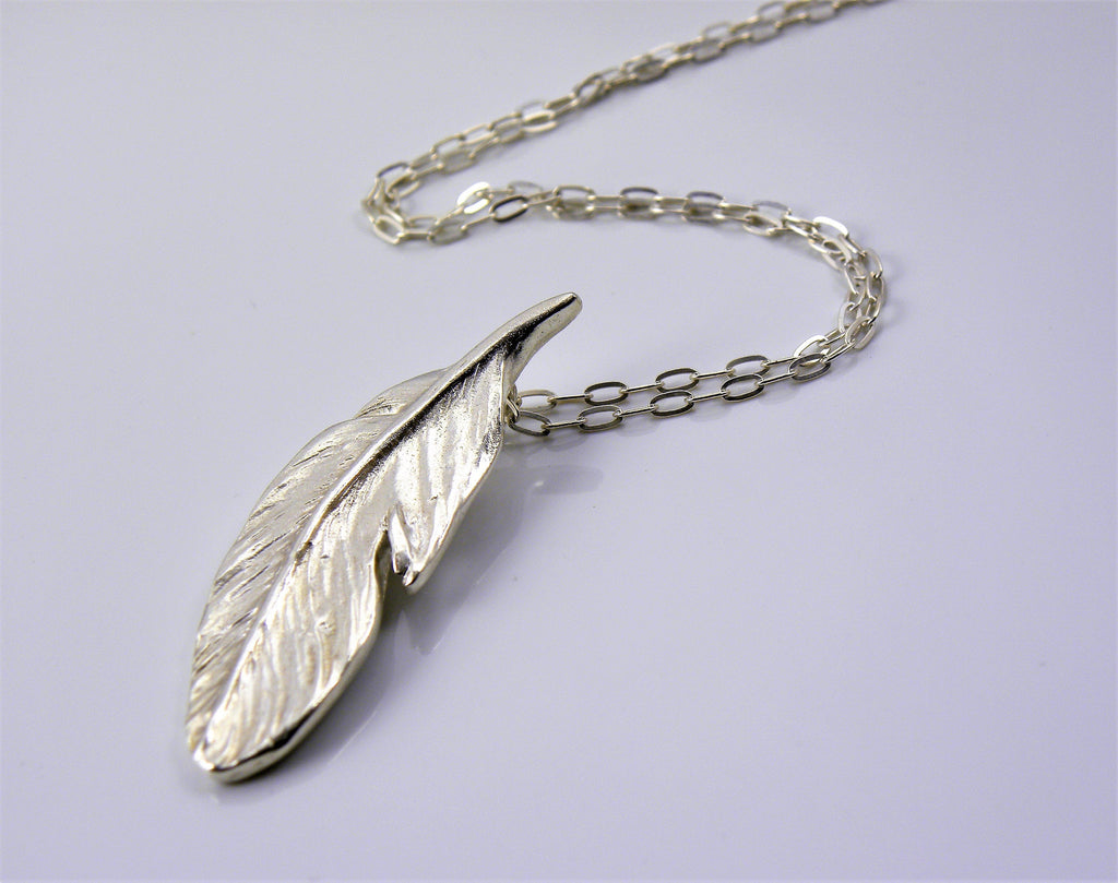 Fine Silver Feather Necklace, Handmade Eco Silver Pendant, Hallmarked Jewelry