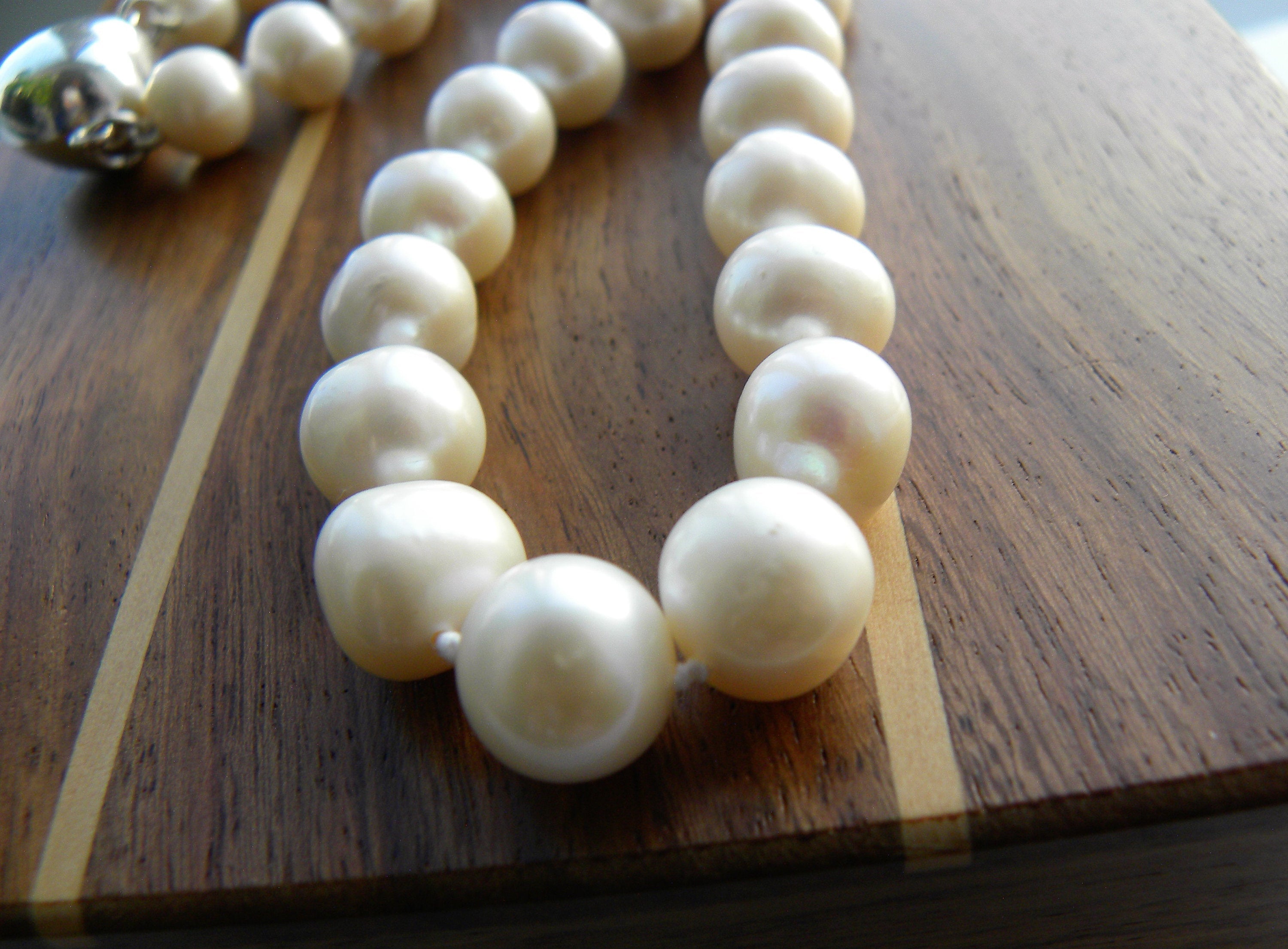 Large White Freshwater Pearl Necklace and Heart Sterling Silver Clasp