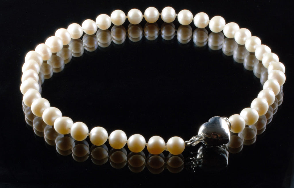 Large White Freshwater Pearl Necklace and Heart Sterling Silver Clasp