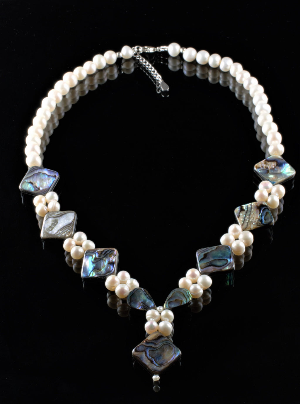 Freshwater Pearls and Abalone shell necklace with adjustable length sterling silver clasp