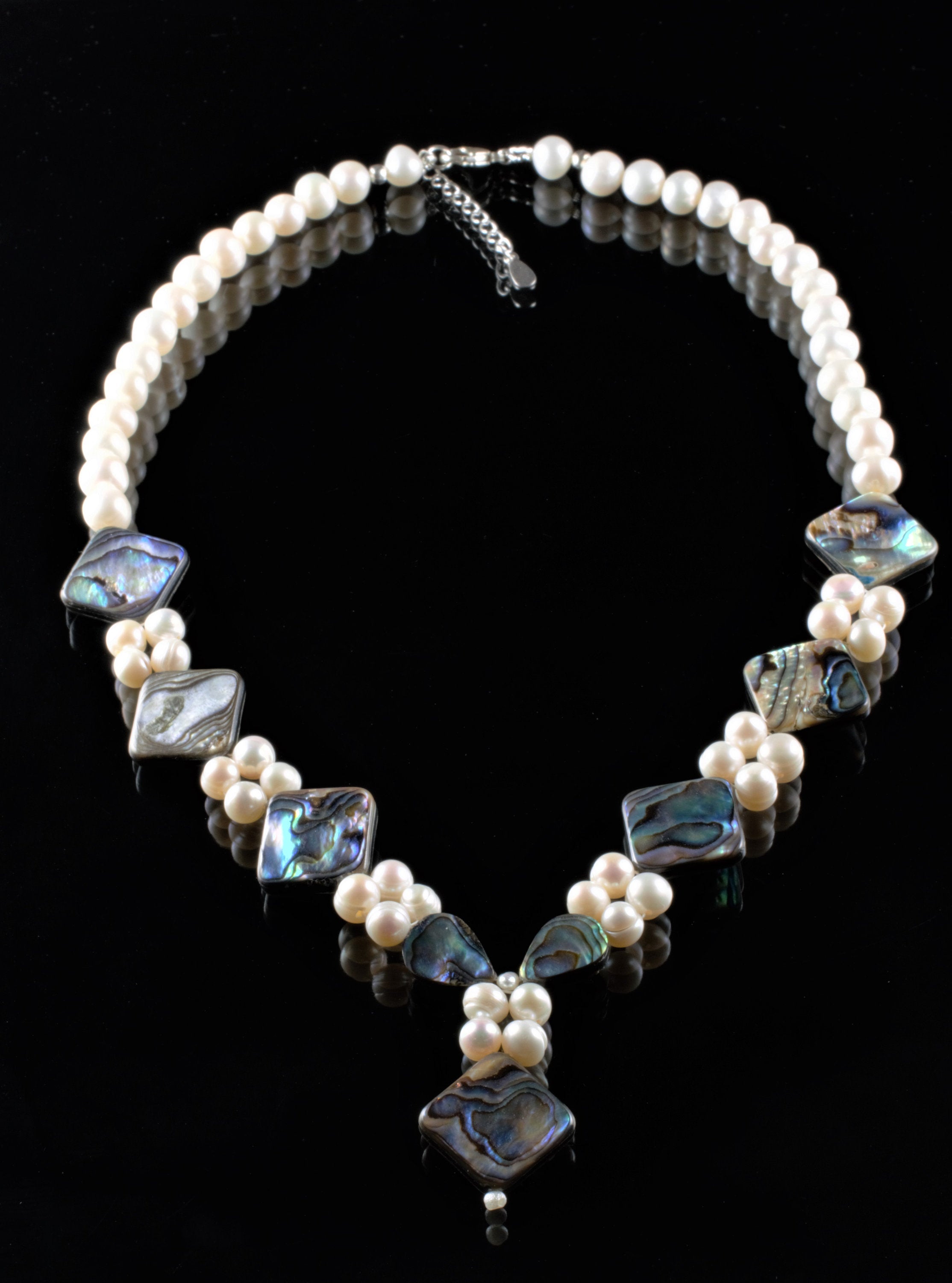 Freshwater Pearls and Abalone shell necklace with adjustable length sterling silver clasp