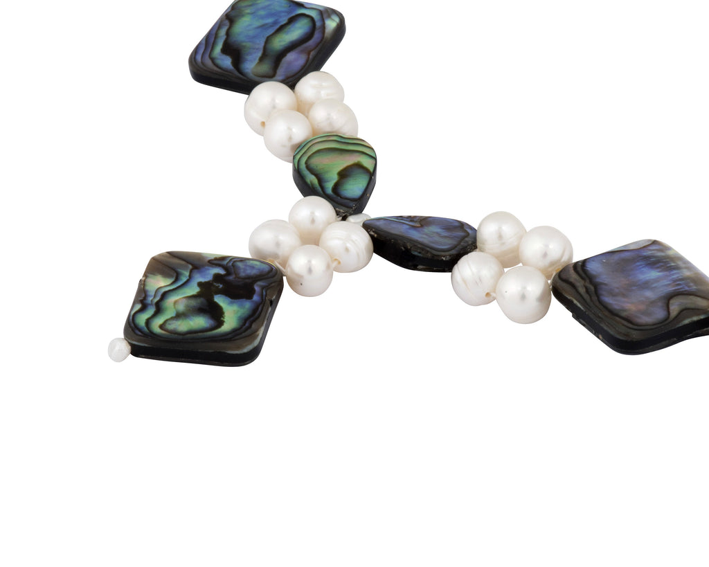 Freshwater Pearls and Abalone shell necklace with adjustable length sterling silver clasp