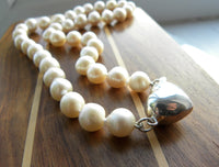 Large White Freshwater Pearl Necklace and Heart Sterling Silver Clasp