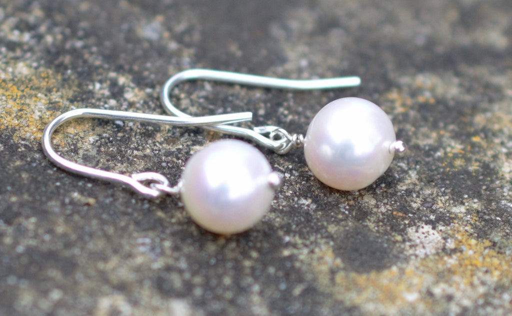 Natural White Freshwater Pearl Drop Earrings on 925 Sterling Silver, High Quality Pearls