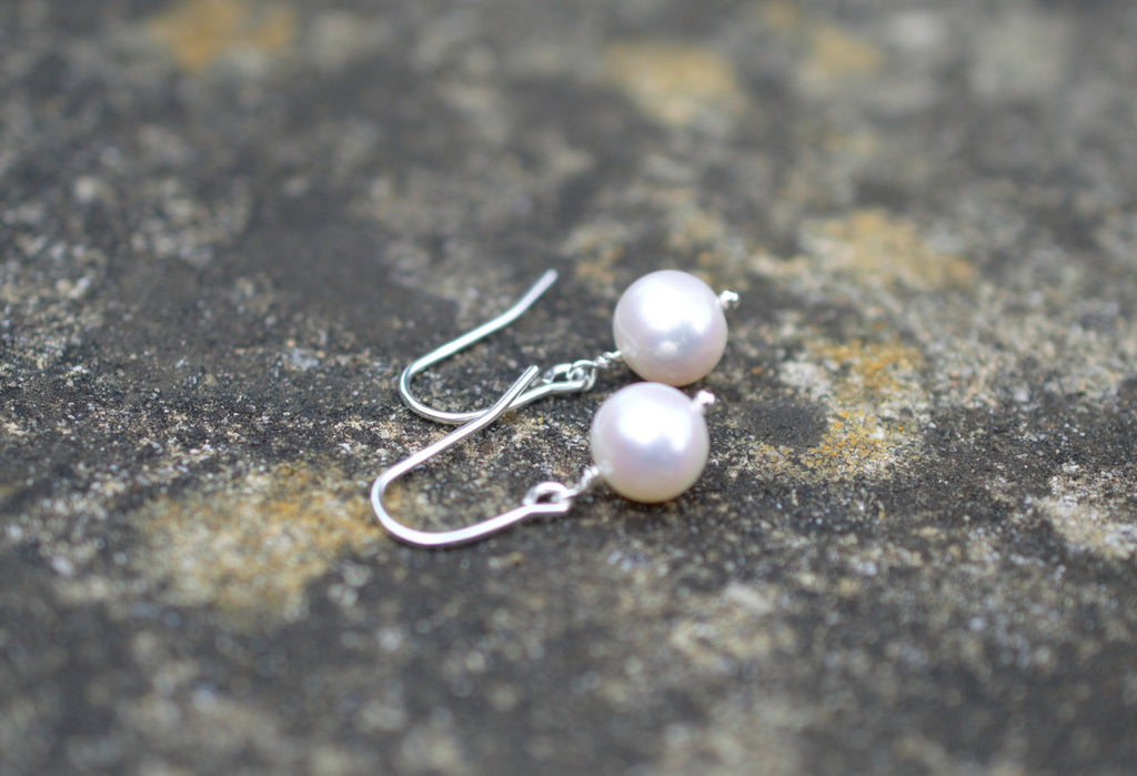 Natural White Freshwater Pearl Drop Earrings on 925 Sterling Silver, High Quality Pearls