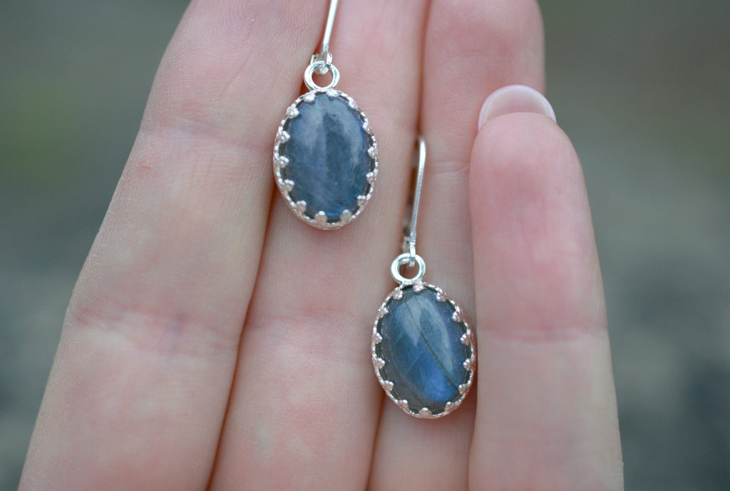 Flashy Blue Labradorite Drop Earrings made with a Fancy Bezel