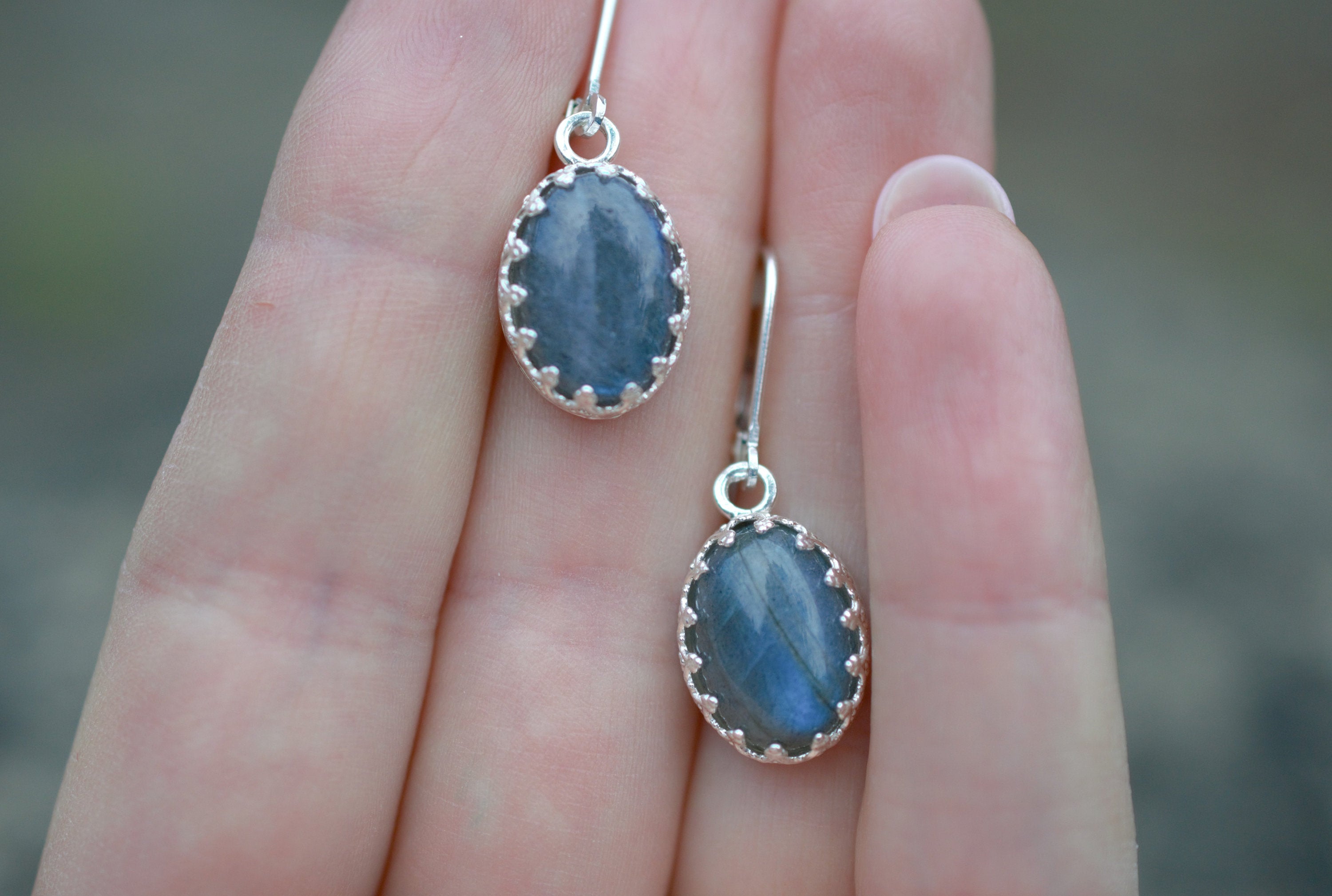Flashy Blue Labradorite Drop Earrings made with a Fancy Bezel