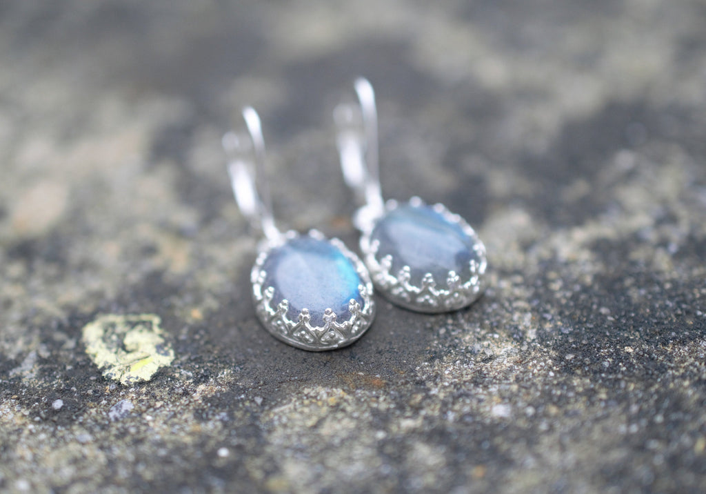 Flashy Blue Labradorite Drop Earrings made with a Fancy Bezel