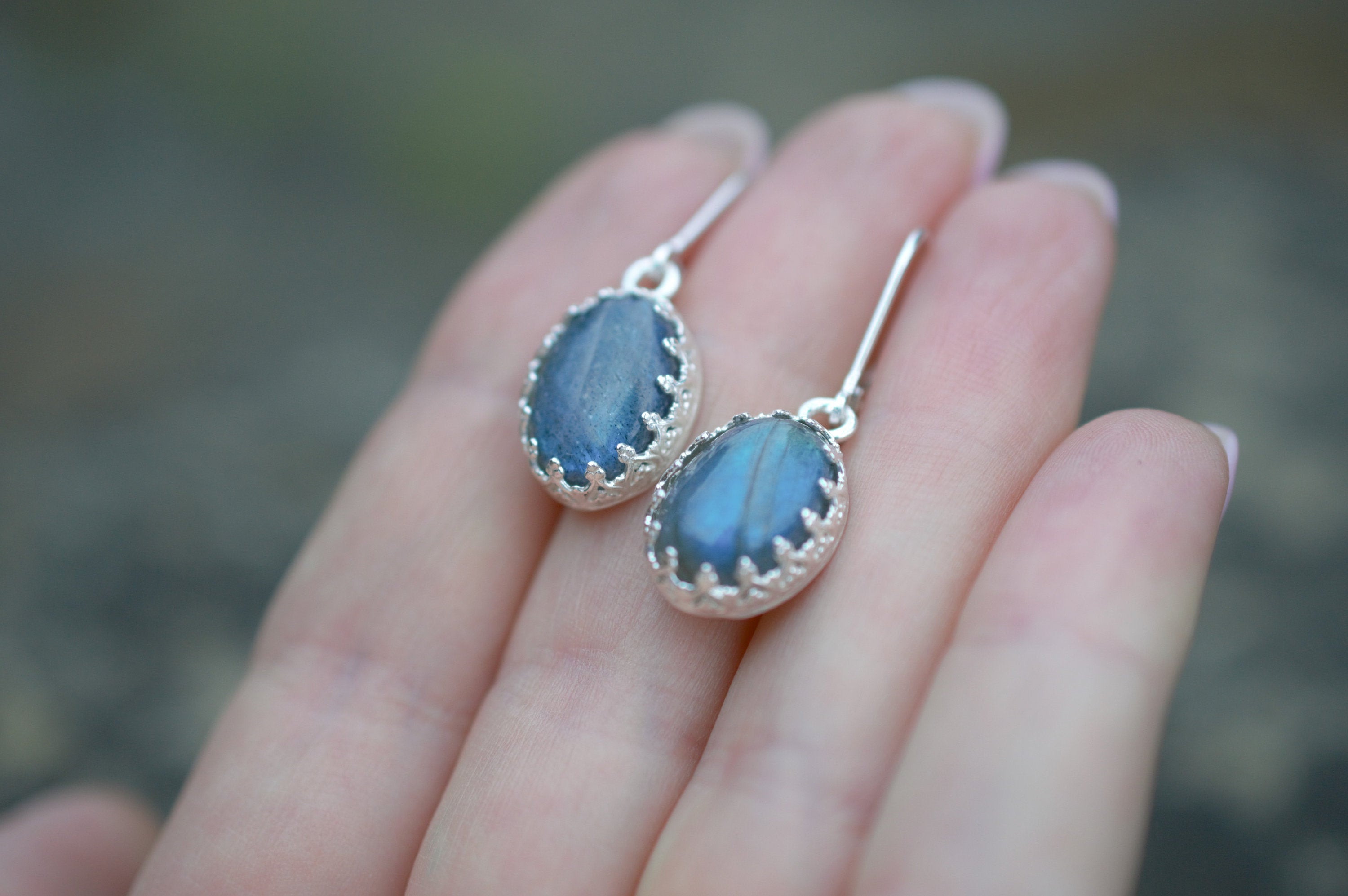 Flashy Blue Labradorite Drop Earrings made with a Fancy Bezel