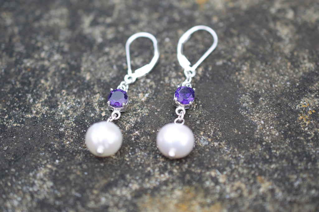 Freshwater Pearl and Purple Amethyst Drop Earrings on Sterling Silver Lever Back