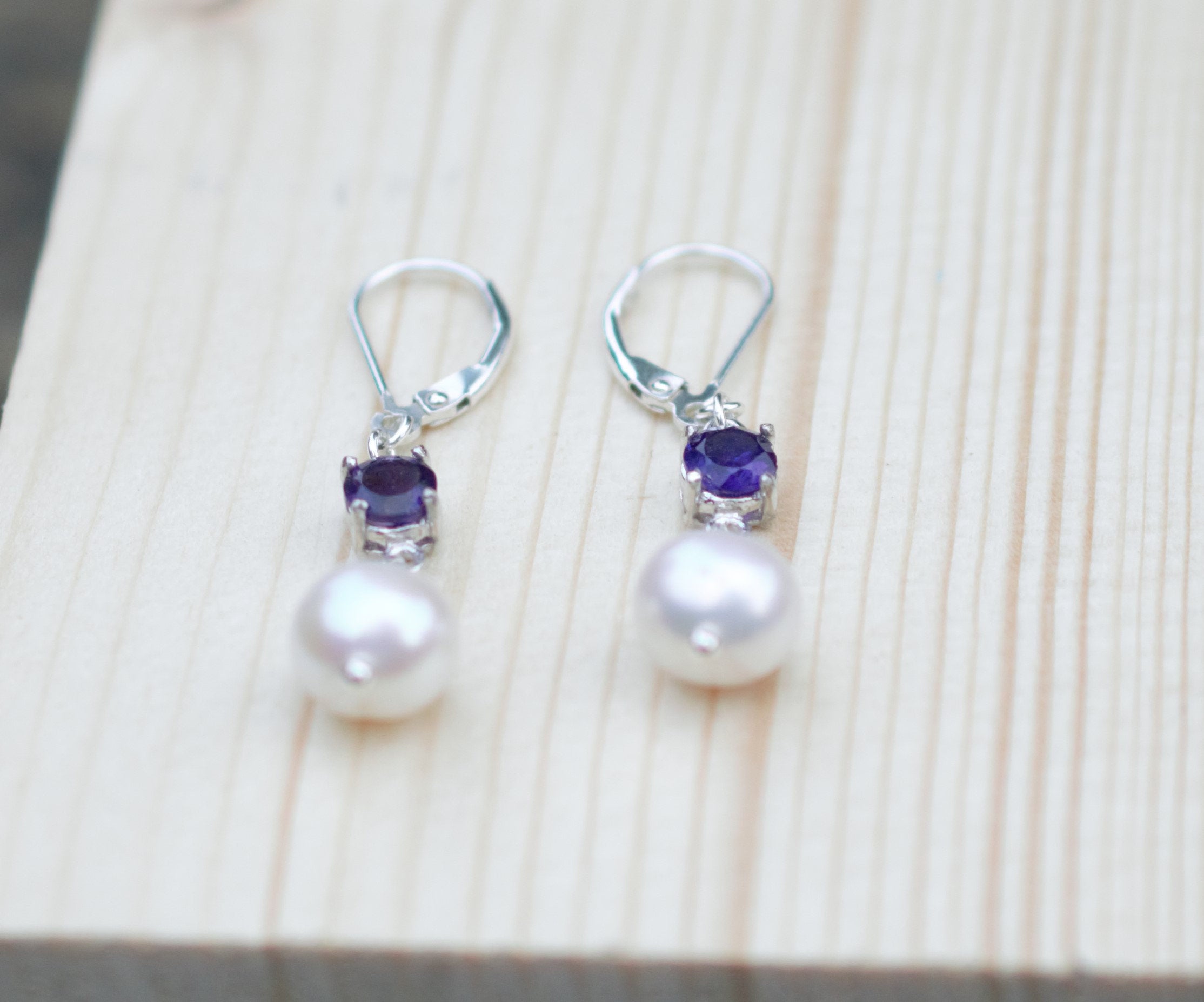 Freshwater Pearl and Purple Amethyst Drop Earrings on Sterling Silver Lever Back