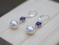 Freshwater Pearl and Purple Amethyst Drop Earrings on Sterling Silver Lever Back