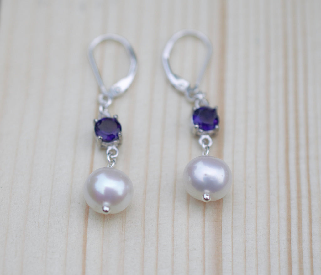 Freshwater Pearl and Purple Amethyst Drop Earrings on Sterling Silver Lever Back