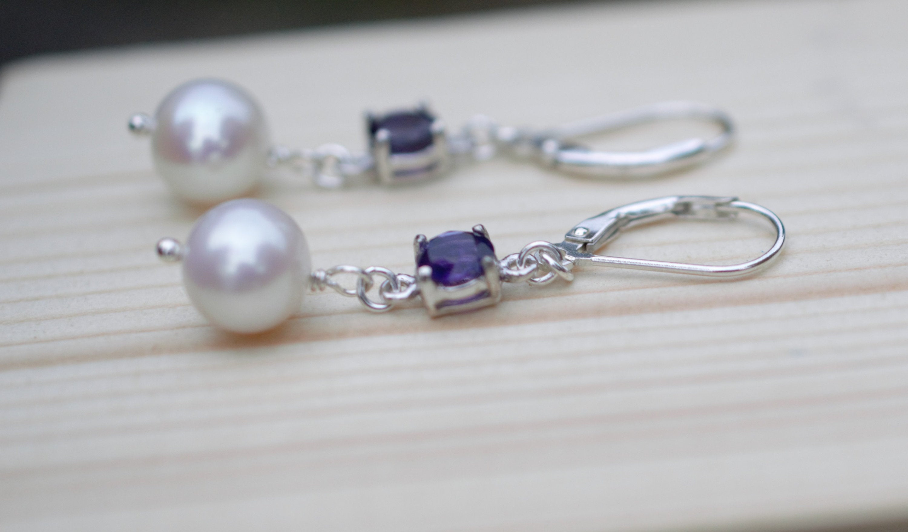 Freshwater Pearl and Purple Amethyst Drop Earrings on Sterling Silver Lever Back