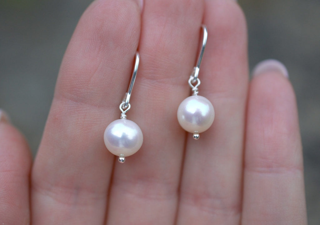 Natural White Freshwater Pearl Drop Earrings on 925 Sterling Silver, High Quality Pearls