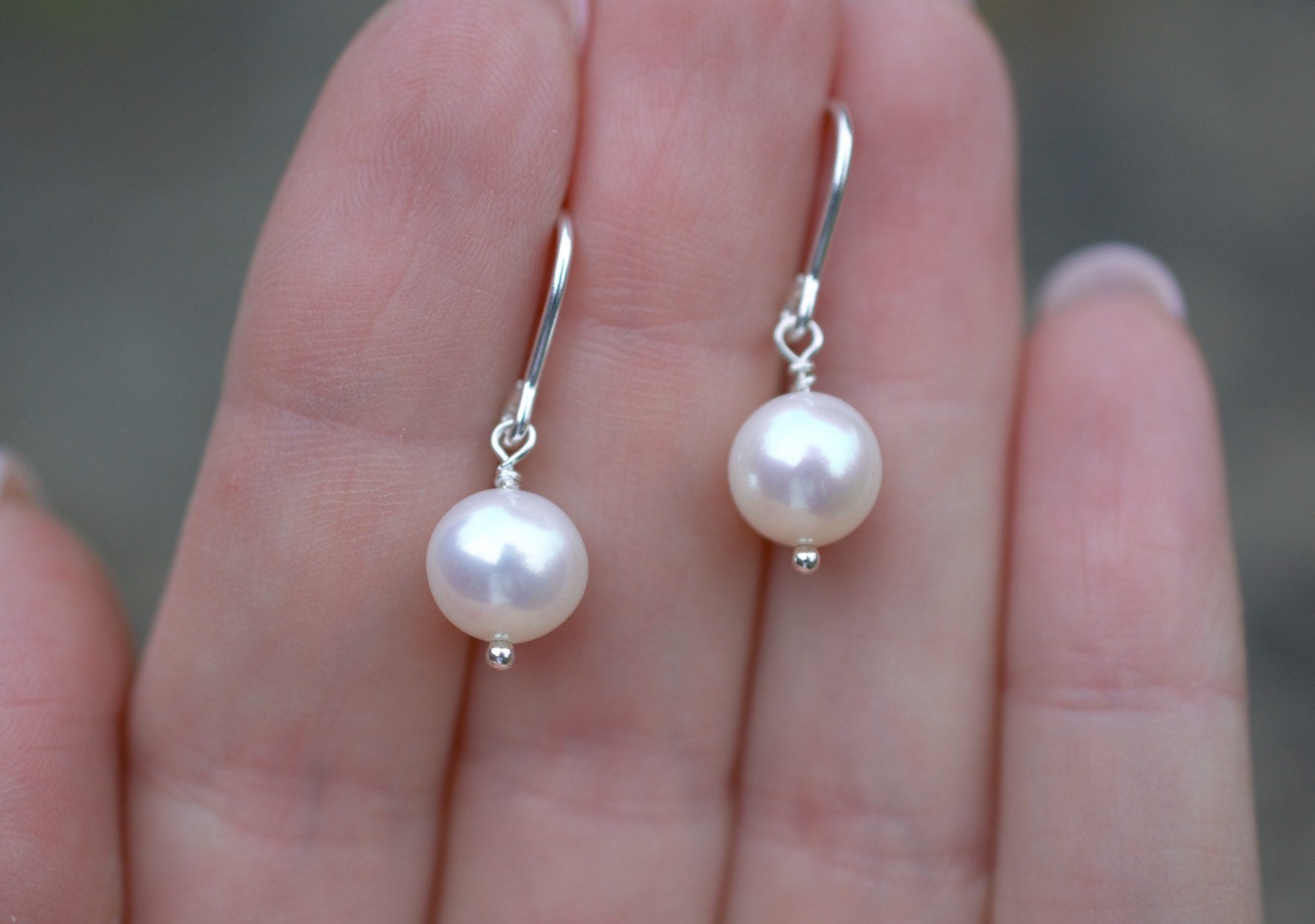 Natural White Freshwater Pearl Drop Earrings on 925 Sterling Silver, High Quality Pearls