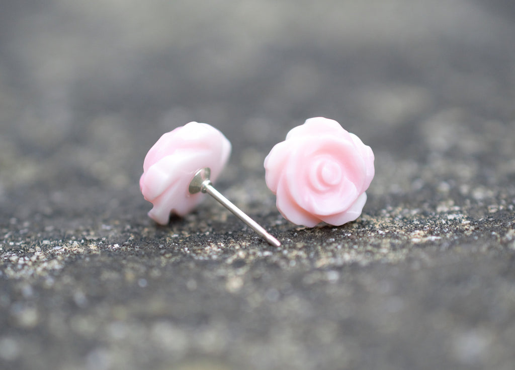 Pink Roses Flower Stud Earrings on Sterling Silver, Mother of Pearl Carved Shell