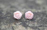 Pink Roses Flower Stud Earrings on Sterling Silver, Mother of Pearl Carved Shell
