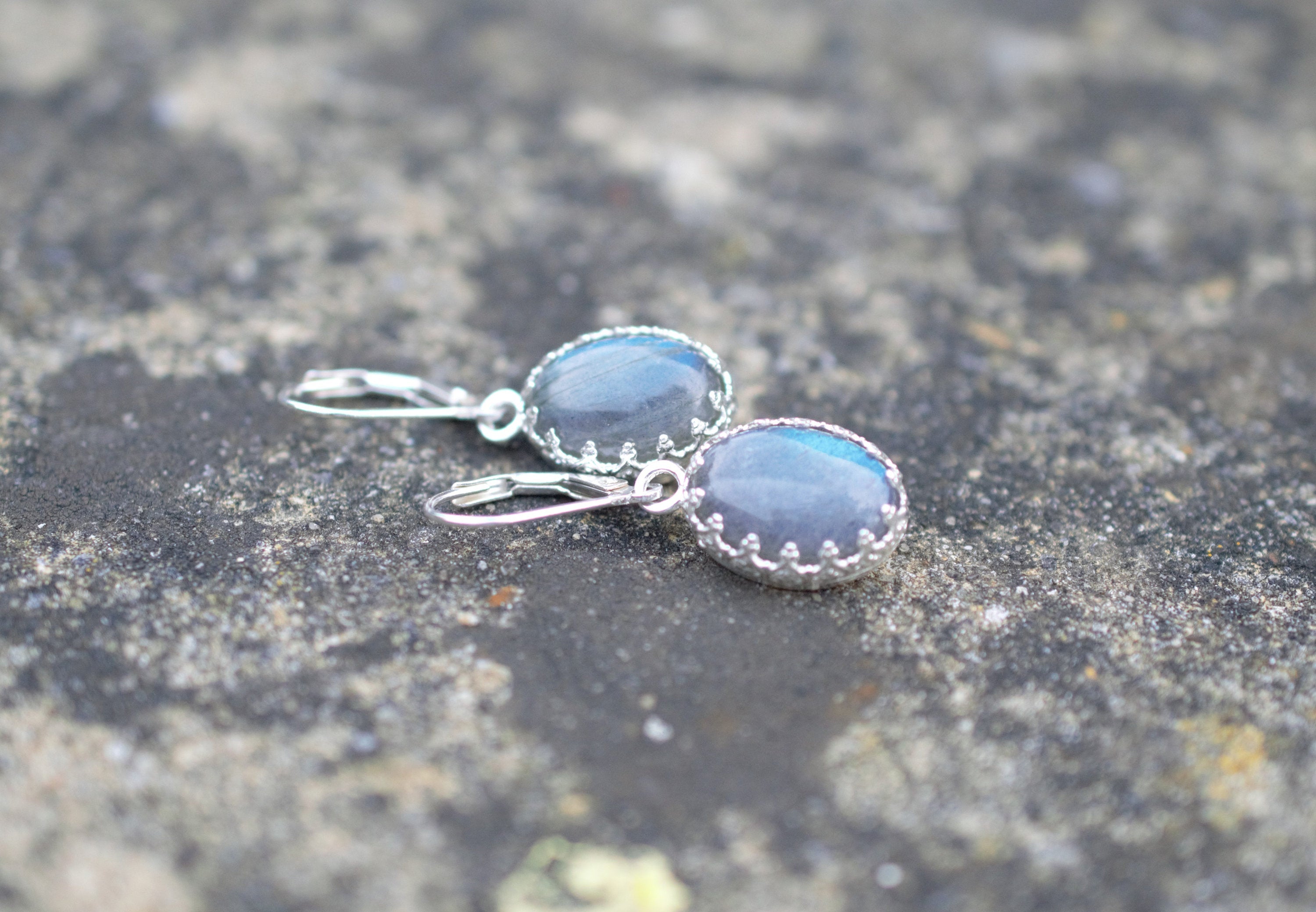 Flashy Blue Labradorite Drop Earrings made with a Fancy Bezel