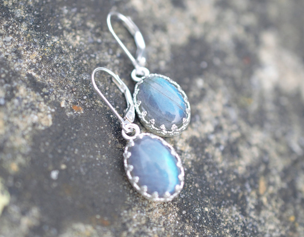 Flashy Blue Labradorite Drop Earrings made with a Fancy Bezel