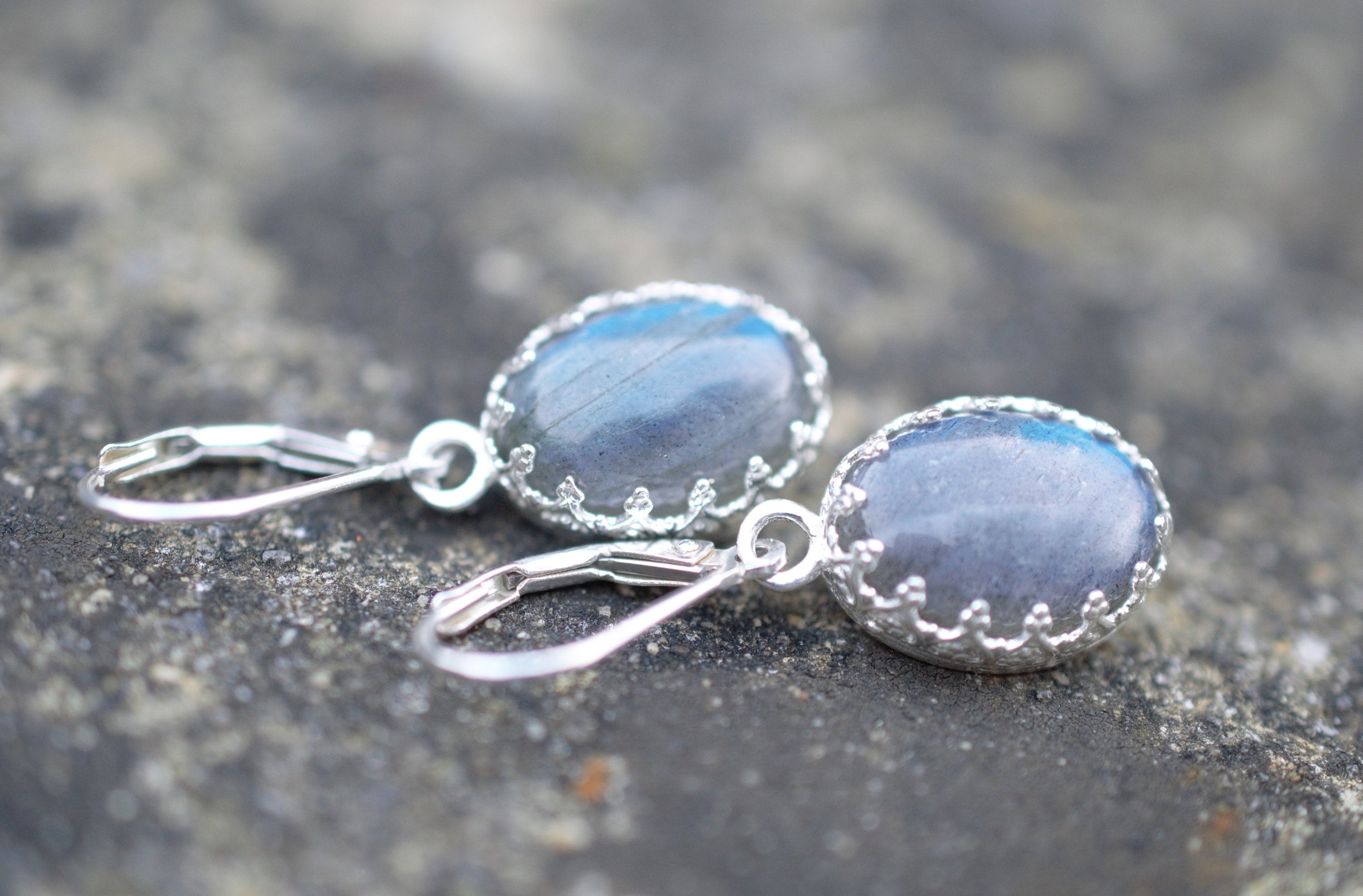 Flashy Blue Labradorite Drop Earrings made with a Fancy Bezel
