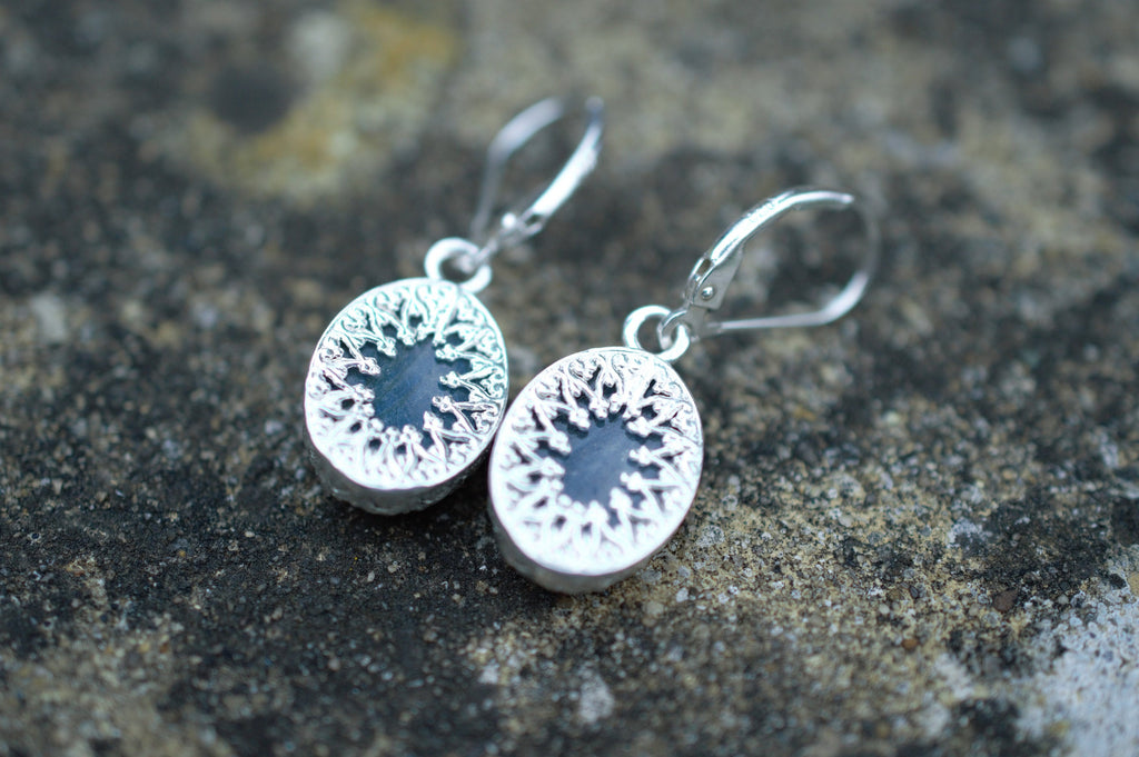 Flashy Blue Labradorite Drop Earrings made with a Fancy Bezel