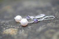 Freshwater Pearl and Purple Amethyst Drop Earrings on Sterling Silver Lever Back