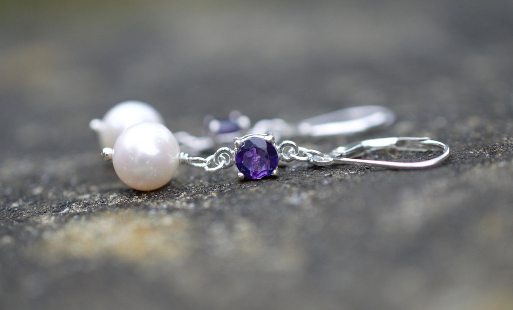 Freshwater Pearl and Purple Amethyst Drop Earrings on Sterling Silver Lever Back