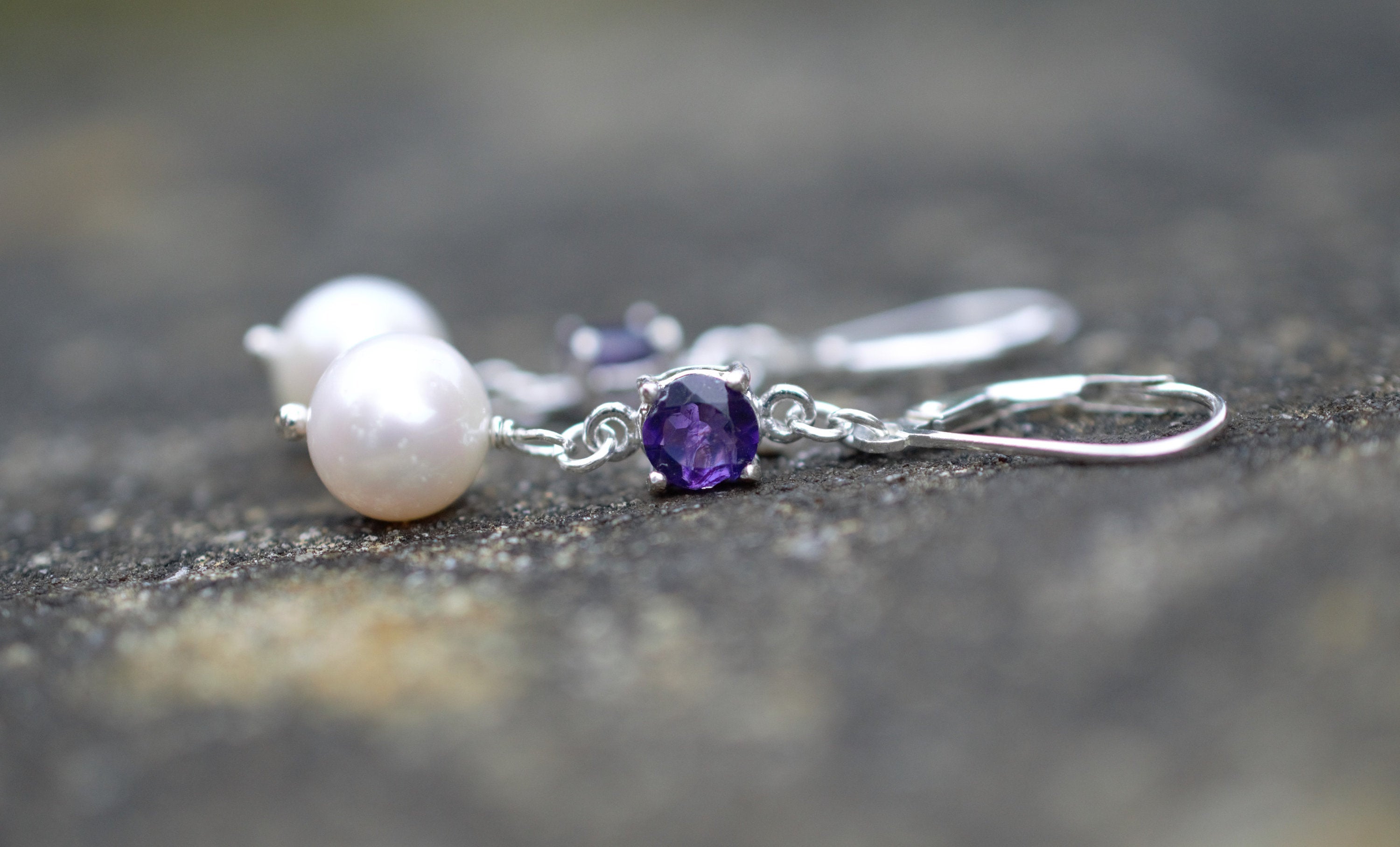 Freshwater Pearl and Purple Amethyst Drop Earrings on Sterling Silver Lever Back