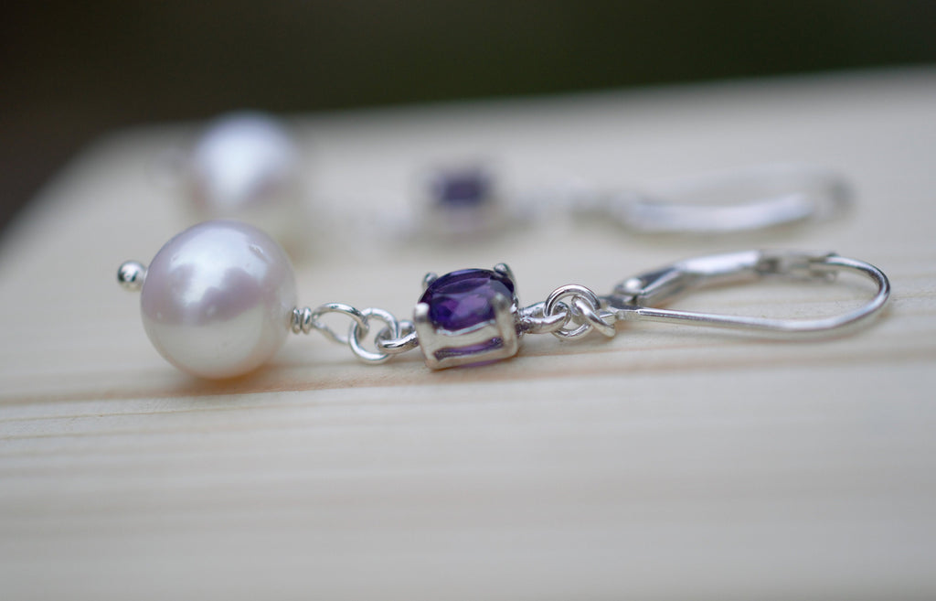 Freshwater Pearl and Purple Amethyst Drop Earrings on Sterling Silver Lever Back