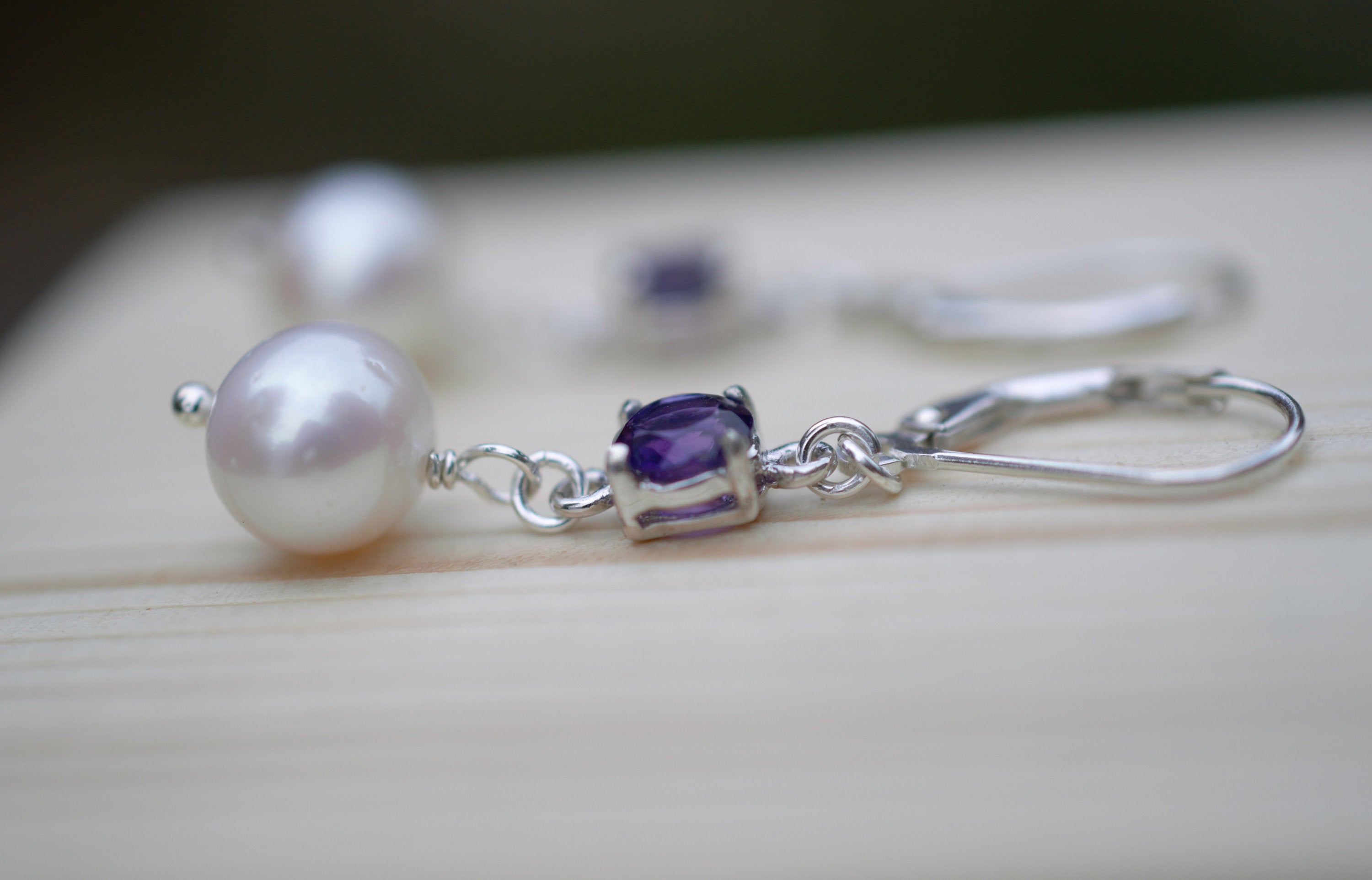 Freshwater Pearl and Purple Amethyst Drop Earrings on Sterling Silver Lever Back