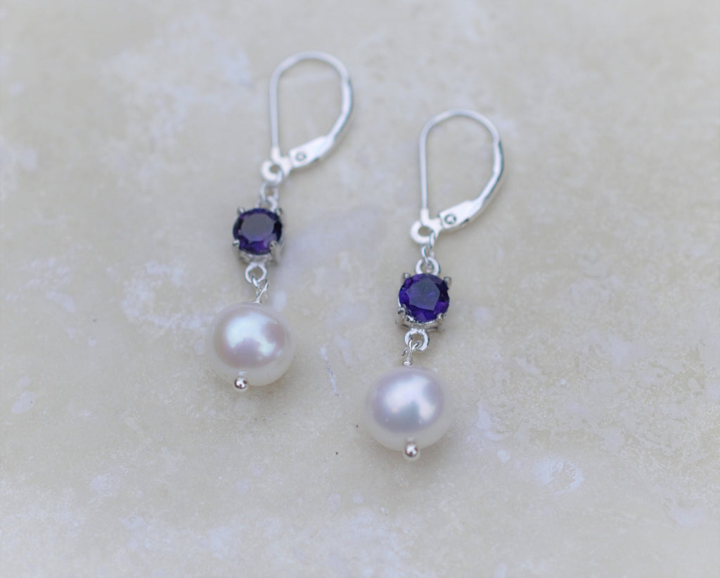 Freshwater Pearl and Purple Amethyst Drop Earrings on Sterling Silver Lever Back