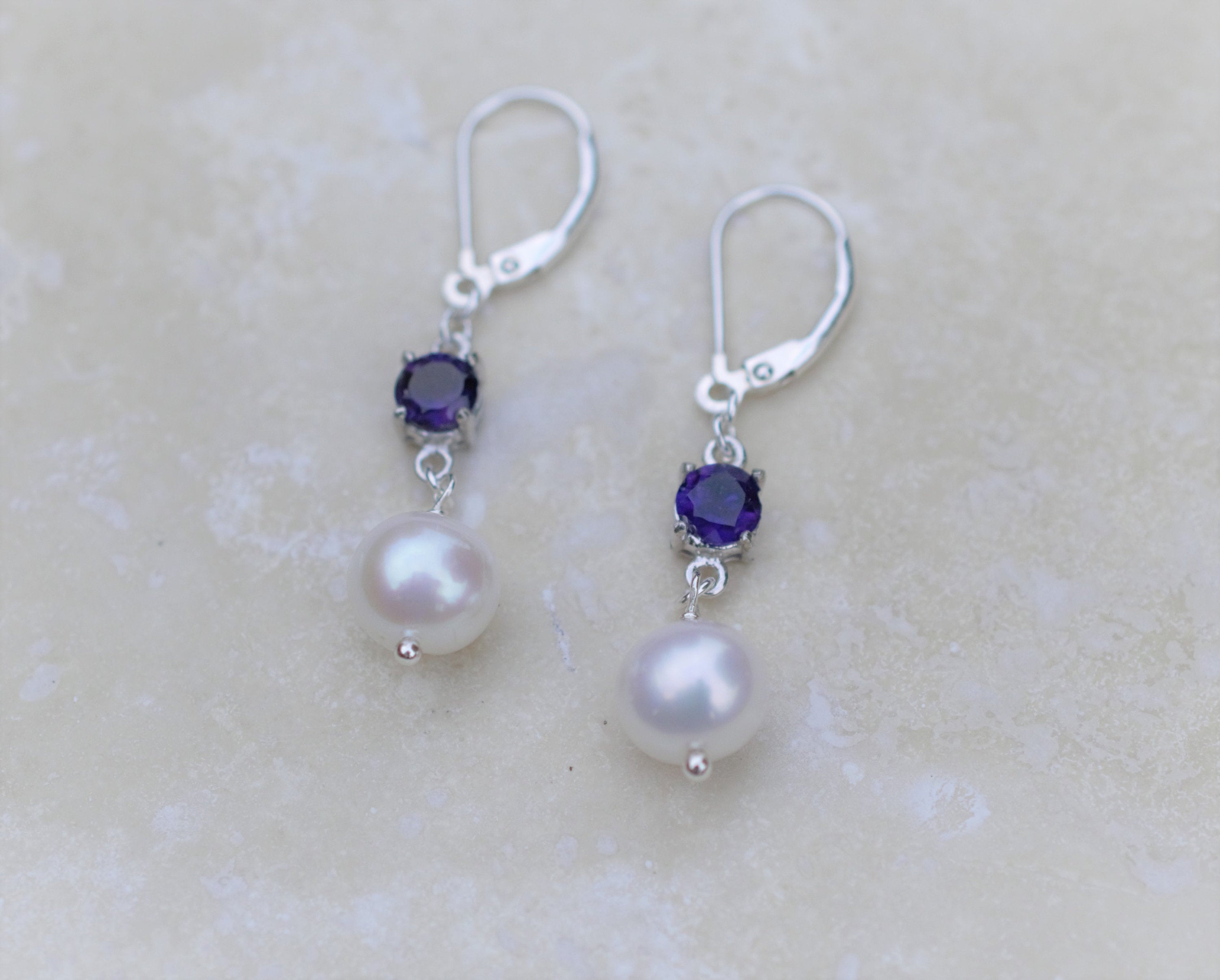 Freshwater Pearl and Purple Amethyst Drop Earrings on Sterling Silver Lever Back