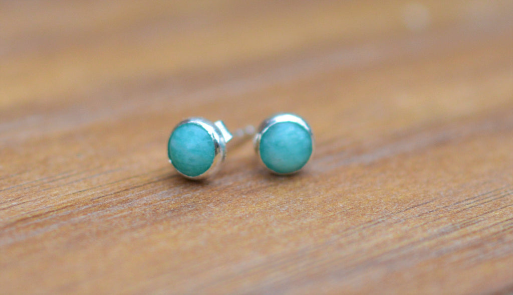 Amazonite and Sterling Silver Stud Earrings, Natural Green Gemstones on 925 Silver